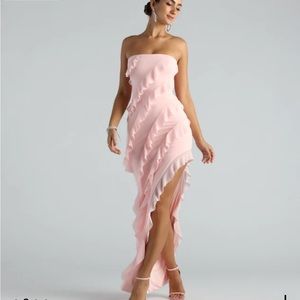 Windsor NWT Gabby Formal Pink Mesh Strapless Ruffle Long Dress